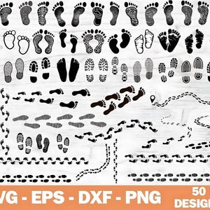 May include: A collection of 50 black and white footprint designs in various styles. The image includes footprints, shoe prints, and trails, suitable for digital art projects. The bottom of the image displays the text "SVG - EPS - DXF - PNG".