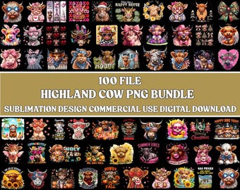 100+ Highland Cow PNG Bundle: Coquette & Funny Designs (Digital Download)