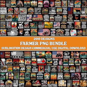 Puede incluir: Un paquete de descarga digital con 200 dise&ntilde;os tem&aacute;ticos de granjeros. La colecci&oacute;n incluye varios gr&aacute;ficos con tractores, pollos, banderas americanas y texto como "Farmer", "Chicken Dad" y "Eat Sleep Farm Repeat."