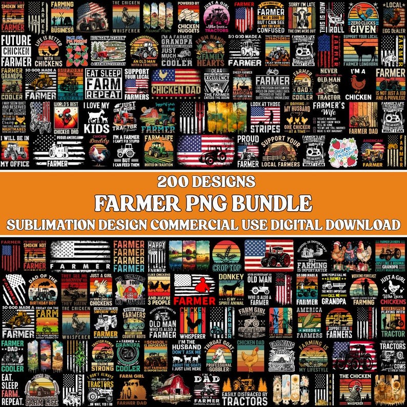 Puede incluir: Un paquete de descarga digital con 200 dise&ntilde;os tem&aacute;ticos de granjeros. La colecci&oacute;n incluye varios gr&aacute;ficos con tractores, pollos, banderas americanas y texto como "Farmer", "Chicken Dad" y "Eat Sleep Farm Repeat."