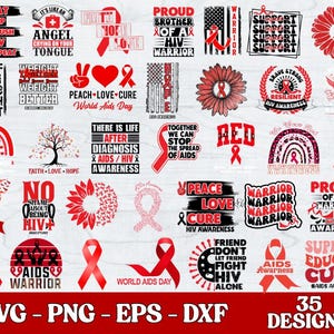 Pode incluir: Uma coleção de 35 designs vermelhos e brancos com texto e gráficos relacionados à conscientização sobre HIV/AIDS. Os designs incluem fitas, bandeiras, flores e frases como "Apoio", "Guerreiro" e "Paz, Amor, Cura."