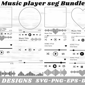 May include: A set of 40 music player designs in black and white. The designs include various elements such as a play button, a pause button, a rewind button, a fast forward button, a volume control, a progress bar, and a heart icon. The designs are suitable for use in digital products, such as websites, apps, and social media.