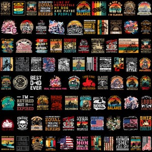May include: A collection of motorcycle-themed graphic designs on a black background. The designs feature motorcycles, text, and vintage-style illustrations. Text includes phrases like "Born to Ride" and "Biker Lives Matter."