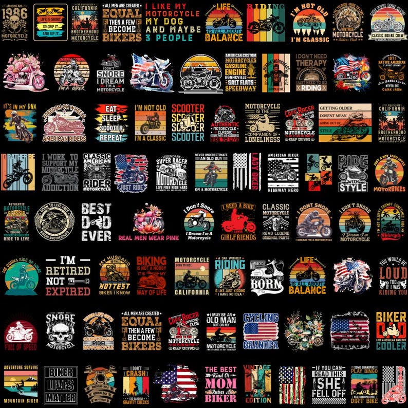 May include: A collection of motorcycle-themed graphic designs on a black background. The designs feature motorcycles, text, and vintage-style illustrations. Text includes phrases like "Born to Ride" and "Biker Lives Matter."