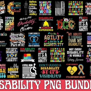 Könnte beinhalten: Eine Sammlung farbenfroher PNG-Grafiken mit Texten zum Thema Behinderung und Inklusion. Die Designs zeigen Sätze wie "Meine Fähigkeit ist stärker als meine Behinderung" und "Vielfalt ist schön". Die Wörter sind in verschiedenen Schriftarten und Farben.