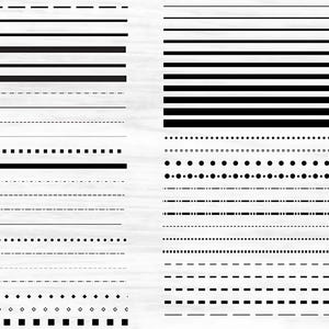 May include: A collection of 20 different black and white line and dot patterns. The patterns are arranged in two columns. The patterns include solid lines, dashed lines, dotted lines, and combinations of these.