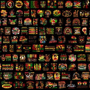 May include: A digital collage of 64 colourful graphic designs featuring the words "Juneteenth", "Black", "Freedom", "Love", "History", and "1865". The designs are in various styles and colours, including red, green, yellow, and black.