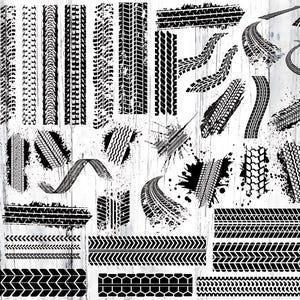 May include: A collection of black and white tire tread patterns, including straight lines, curves, and zigzags. The patterns are arranged in a grid on a white background.
