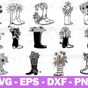 Könnte beinhalten: Eine Sammlung von Schwarz-Weiß-Illustrationen verschiedener Stiefel, darunter Cowboystiefel, Gummistiefel und Reitstiefel. Jedes Stiefeldesign ist mit floralen Arrangements verziert, wodurch ein rustikales und künstlerisches Thema entsteht. Der untere Teil des Bildes zeigt den Text "SVG - EPS - DXF - PNG".