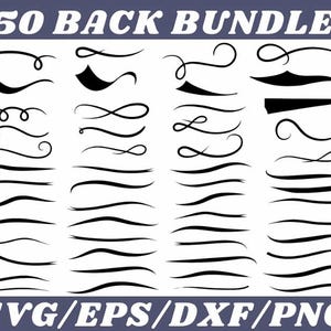 May include: A set of 50 black decorative lines and swirls, perfect for adding a touch of elegance to your designs.  SVG, EPS, DXF, and PNG file formats are included.