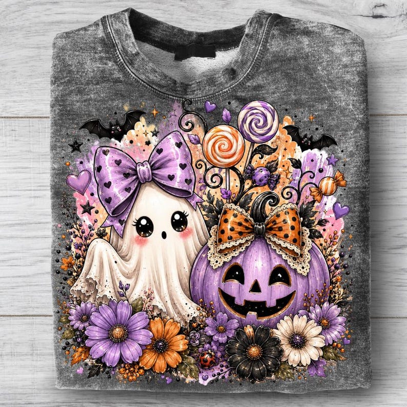May include: A charcoal gray acid-wash sweatshirt featuring a graphic print of a white ghost with a large purple polka-dot bow, a purple jack-o'-lantern with an orange polka-dot bow, lollipops, bats, and colorful flowers in shades of purple and orange.