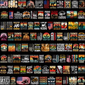 May include: A collection of various graphic designs on a black background, featuring text and imagery related to farming. Designs include tractors, flags, chickens, and phrases like "Farmer Dad" and "Eat Sleep Farm Repeat."