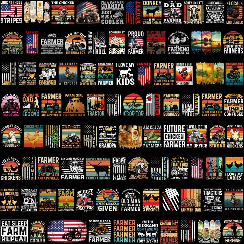 May include: A collection of various graphic designs on a black background, featuring text and imagery related to farming. Designs include tractors, flags, chickens, and phrases like "Farmer Dad" and "Eat Sleep Farm Repeat."