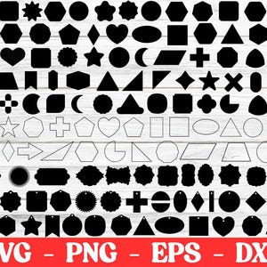 May include: A selection of black silhouette shapes in diverse forms, such as stars, hearts, circles, and squares. The image features the text "SVG - PNG - EPS - DXF" in red.