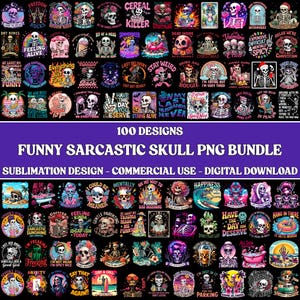 Peut inclure: Un ensemble graphique numérique téléchargeable avec 100 motifs de crânes amusants et sarcastiques. Les motifs utilisent diverses couleurs et thèmes, avec des phrases comme "Stay Weird" et "Feeling Alive". Le texte "Funny Sarcastic Skull PNG Bundle" est également visible.