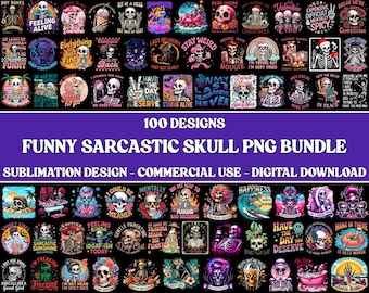Paquete de más de 100 calaveras sarcásticas PNG: esqueletos divertidos, imágenes prediseñadas de humor negro, descarga digital