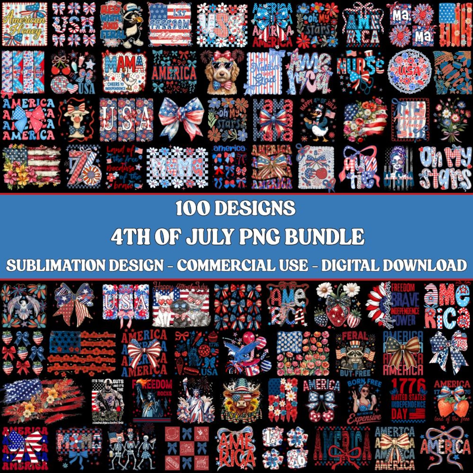 4th of July PNG Bundle, USA Flag, American Mama, Coquette Bow, Floral ...