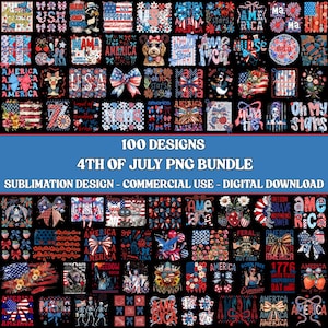 Puede incluir: Un conjunto digital de 100 diseños para sublimación, con el tema del 4 de julio. Los diseños incluyen banderas americanas, lazos y las palabras "America" y "USA" en rojo, blanco y azul. La imagen también incluye el texto "4th of July PNG Bundle."