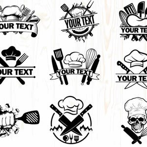 May include: A set of 10 black and white chef hat logo designs. Each logo features a chef hat, crossed kitchen utensils, and the text "YOUR TEXT".