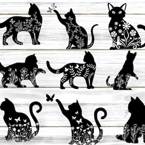 Könnte beinhalten: Ein digitaler Download von zehn Schwarzweiß-Silhouettenbildern von Katzen mit floralen Designs. Die Katzen sind in verschiedenen Posen, darunter sitzend, stehend und liegend. Die floralen Designs sind aufwendig und detailliert und verleihen den Bildern einen Hauch von Eleganz.