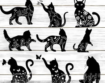 Floral Cat SVG, Cat PNG, Butterfly svg, Cat With Flower, Cat Silhouette, Floral Animal, Wildflower Cat Clipart, Files for Cameo & Cricut,