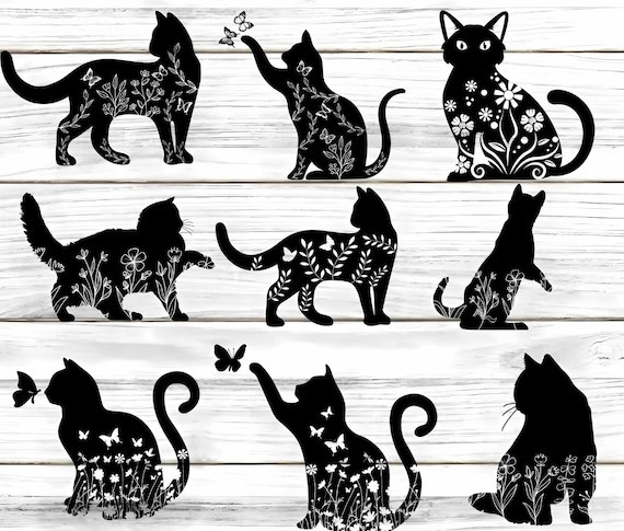 Floral Cat SVG: Butterfly & Wildflower Silhouette (Digital Files)
