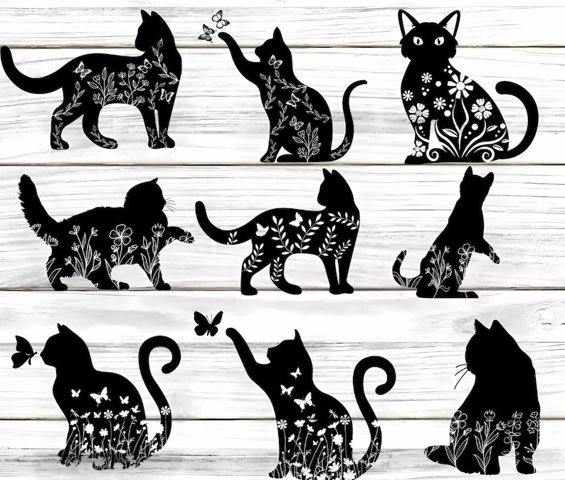 Pode incluir: Um download digital de dez imagens em silhueta em preto e branco de gatos com desenhos florais. Os gatos est&atilde;o em v&aacute;rias poses, incluindo sentados, em p&eacute; e deitados. Os desenhos florais s&atilde;o intrincados e detalhados, e adicionam um toque de eleg&acirc;ncia &agrave;s imagens.