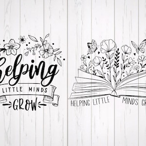 May include: Two black and white illustrations on a white wood-grain background. The left image features floral elements and the text "helping little minds grow." The right image shows an open book with flowers and butterflies, also with the text "helping little minds grow."