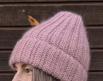 Handmade Mohair Blend Crocheted Hat, Dusty Pink Beanie