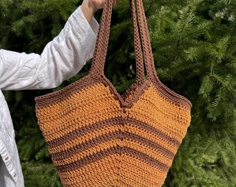 Handmade bohemian summer crochet cotton recycled rope shopper holiday bag with pockets