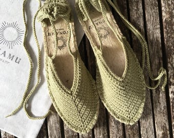Handmade Olive Green Lace-Up Espadrilles: Organic Cotton Boho Shoes