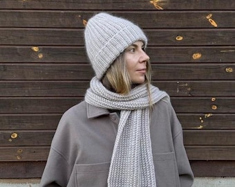 Handmade Crocheted hat and scarf made of wool, silk, and mohair. Beige.