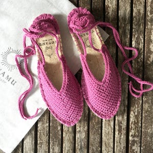 Organic Boho women’s lace up espadrilles handmade from cotton yarn. Fuchsia pink bohemian summer shoes. Unique gift idea for her.
