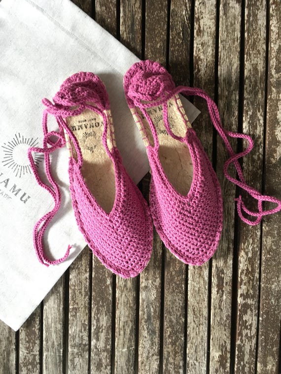 Handmade Crochet Espadrilles: Fuchsia Pink Boho Lace-Up Shoes