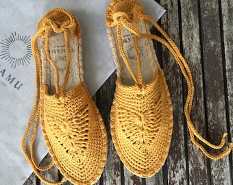 Handmade Crochet Lace-Up Espadrilles, Mustard Yellow Cotton Boho Shoes