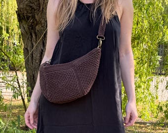 Holiday summer bohemian Crossbody sling brown crochet cotton bag with zippered pocket