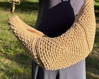Holiday summer bohemian Crossbody sling beige crochet cotton bag with zippered pocket