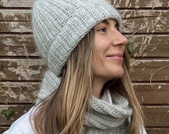 Handmade Crocheted hat and scarf made of wool, silk, and mohair. Colour grey.
