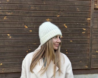 Handmade Crocheted hat and scarf made of wool, silk, and mohair. Ecru.