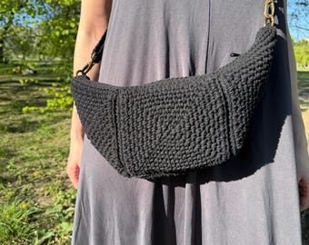 Holiday summer bohemian Crossbody sling black crochet cotton bag with zippered pocket