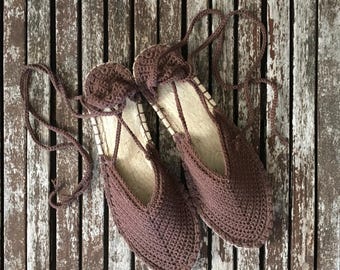 Handmade Boho Lace-Up Espadrilles: Organic Cotton, Brown
