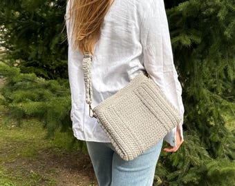Handmade crossbody  crochet cotton recycled rope holiday bag with pockets
