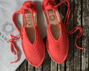 Handmade Boho Coral Lace-Up Espadrilles, Organic Cotton Summer Shoes