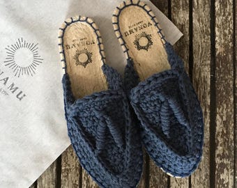 Espadrillas in corda di cotone fatte a mano, mocassini boho blu jeans