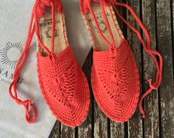 Organic Cotton Crochet Espadrilles: Coral Orange Lace-Up Summer Shoes