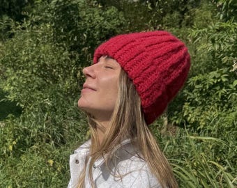 Handmade thick crochet red winter hat made of wool and silk.