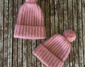 Matching Mohair Blend Crocheted Beanie Set, Handmade Mum and Daughter Hats