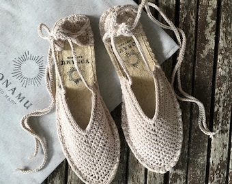 Alpargatas artesanais boho de algodão: sapatos de verão bege com cadarço