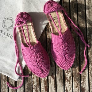Organic Boho women’s lace up espadrilles handmade from cotton yarn. Fuchsia pink bohemian summer shoes. Unique gift idea for her.