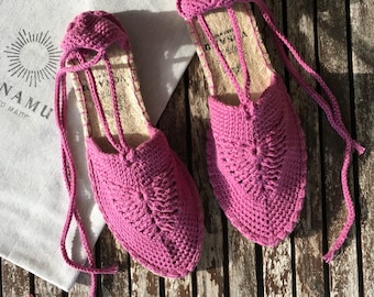 Handmade Fuchsia Pink Crochet Espadrilles: Organic Cotton Boho Lace-Up Shoes